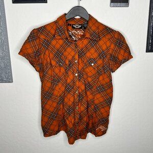 Harley Davidson Orange and Brown Plaid Checker Shirt - Size M